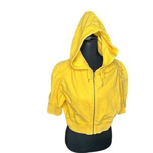 2000s Lucky Brand California Yellow Cropped Short Sleeve Hoodie Womens Sz L y2k